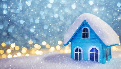 Wall Mural - merry christmas and happy new year concept glitter illumination background a small blue house covered in snow