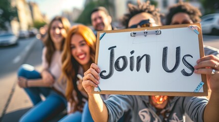 Community Spirit: A Group of Friends Holding a Join Us Sign in a Fun Setting