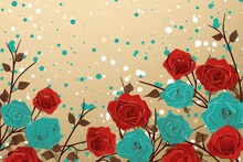  A Painting Of A Bunch Of Red And Blue Roses On A Beige Background With A Blue And White Polka Dot Border.