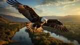 Fototapeta  - Majestic Eagle Soaring Over Sunlit River Valley. Generative ai