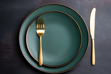 Wall Mural -  a close up of a plate with a fork and knife next to a plate with a knife and fork on it.