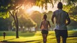 Photo of group runner jogging in a park. Generative AI