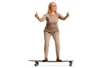 Sticker - Middle aged woman riding a skateboard and gesturing thumbs up