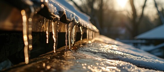 Poster - Melting water frozen on sunny spring day, hanging from roof edge in cold morning.