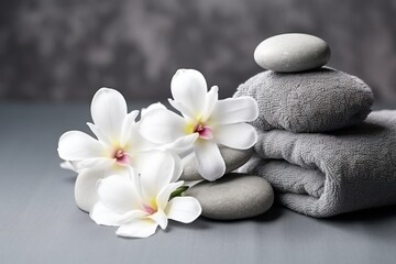 Wall Mural -  a pile of towels sitting next to a pile of white flowers on top of each other on top of a table.