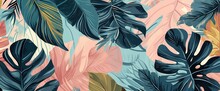 Vibrant Tropical Foliage And Palm Trees In A Sharp-focus, Hyper-realistic Image. A Colorful And Decorative Background With Pastel Hues, Perfect For Vintage Posters