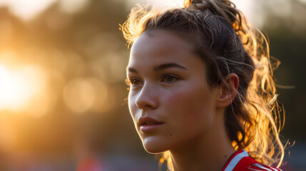 Wall Mural - Candid moment, a female soccer player, sun-kissed by natural light, sporting professional team uniform