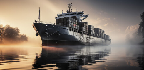 Poster - Cargo ship at dawn carrying containers on calm waters