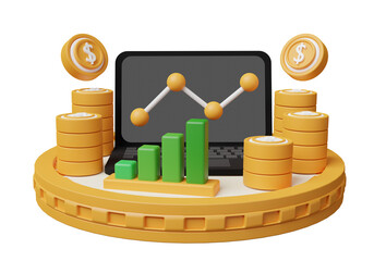 Wall Mural - laptop and stack of 3d gold coins, bar chart, illustration of savings, investment, stock graph and business targets