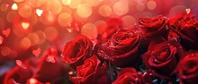 Bouquet Of Red Roses And Hearts On Red Background With Lights. Mother's Day, Valentines Day, Birthday Celebration Concept. Greeting Card. Copy Space For Text