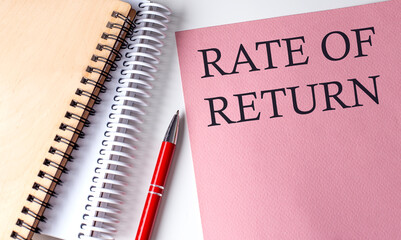 Poster - RATE OF RETURN word on the pink paper with office tools on white background