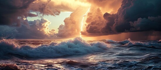 Poster - Lightning bolt from a thunderstorm over sea at sunset. with copy space image. Place for adding text or design