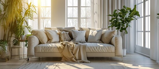 Poster - Living room interior with armchair pouf and chunky knit blanket. with copy space image. Place for adding text or design