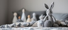 Interior Nursery Design Stuffed Animals Gray Rabbit And Ball Kids Bedroom Residence Decoration Quilt. With Copy Space Image. Place For Adding Text Or Design