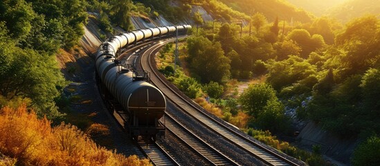 Aufkleber - Locomotive with Tanker freight train passed the railway curve. with copy space image. Place for adding text or design