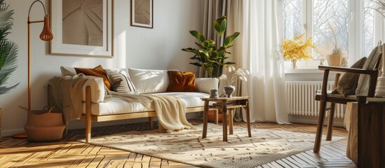Poster - Living room interior with armchair pouf and chunky knit blanket. with copy space image. Place for adding text or design