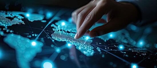 Poster - Hand of Businessman touching hologram screen with world map background NLP Natural Language Processing cognitive computing technology concept. with copy space image. Place for adding text or design