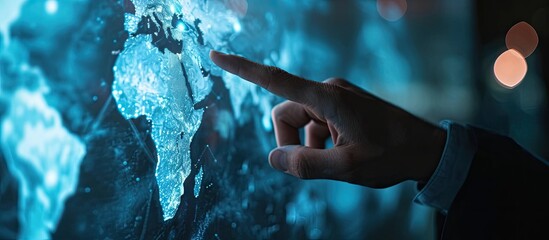 Poster - Hand of Businessman touching hologram screen with world map background NLP Natural Language Processing cognitive computing technology concept. with copy space image. Place for adding text or design