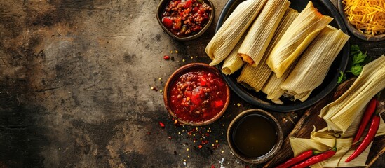 Poster - Mexican Tamale tamales of corn leaves with chili and sauces. with copy space image. Place for adding text or design