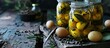 Homemade pickled eggs with apple vinegar coriander seeds bay leaves black peppercorn in a glass jar. with copy space image. Place for adding text or design