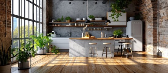 Poster - Modern small room with kitchen area and wooden floor. with copy space image. Place for adding text or design