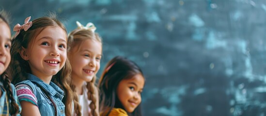 Aufkleber - Happy diverse schoolgirls sitting at desks and raising hands in classroom School study and education unaltered. with copy space image. Place for adding text or design