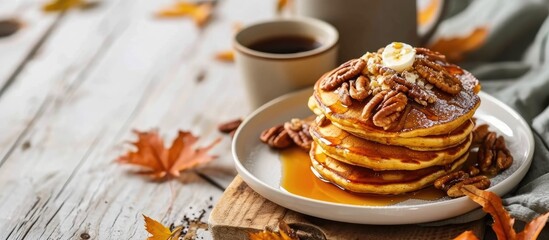 Aufkleber - Homemade Pumpkin Pancakes with Butter Pecans and Maple Syrup. with copy space image. Place for adding text or design
