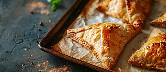 Aufkleber - Men s hands take out baked fresh triangular pies on a baking sheet with parchment from the oven Close up Ready made hot ruddy pastries immediately from the oven. with copy space image