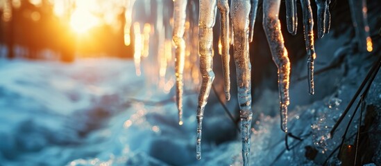 Poster - melting icicles on the drainpipe against the bright sun. with copy space image. Place for adding text or design