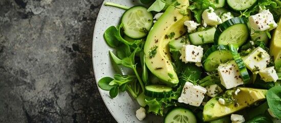 Poster - Ketogenic diet green salad with cucumbers avocado feta cheese and lime dressing. with copy space image. Place for adding text or design