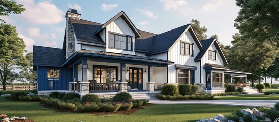 Poster - Modern Farmhouse with white and blue details. with copy space image. Place for adding text or design