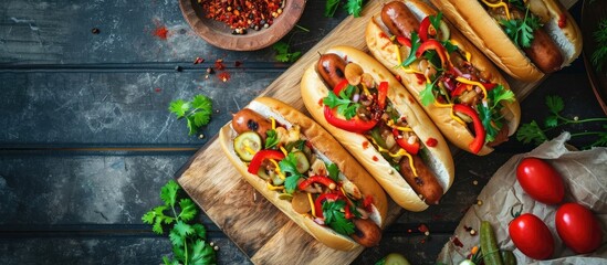Poster - Hot dogs on a wooden board surrounded by spices and vegetables such as tomatoes peppers and onions. with copy space image. Place for adding text or design