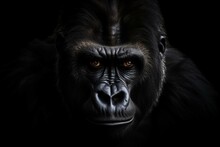 Portrait Face Powerful Dominant Male Gorilla On Black Background, Beautiful Portrait Of A Gorilla. Severe Silverback, Anthropoid Ape, Stern Face. Isolated Black Background,Generative AI 