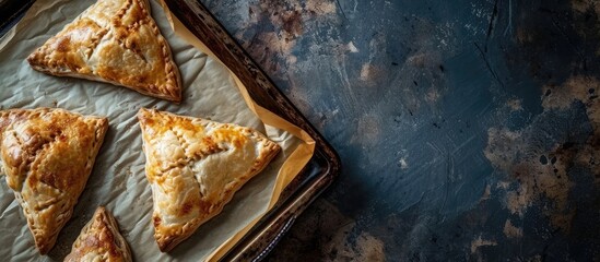 Aufkleber - Men s hands take out baked fresh triangular pies on a baking sheet with parchment from the oven Close up Ready made hot ruddy pastries immediately from the oven. with copy space image