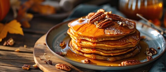 Aufkleber - Homemade Pumpkin Pancakes with Butter Pecans and Maple Syrup. with copy space image. Place for adding text or design
