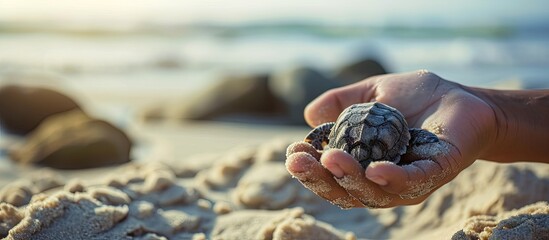 Poster - Hand holds up a baby sea turtle egg in Sri Lanka. with copy space image. Place for adding text or design