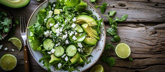 Poster - Ketogenic diet green salad with cucumbers avocado feta cheese and lime dressing. with copy space image. Place for adding text or design