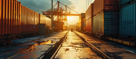 Poster - Heavy Shipment Box Loading into Cargo Container Truck Parked Loading at Dock Warehouse. with copy space image. Place for adding text or design