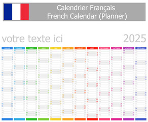 Wall Mural - 2025 French Planner Calendar with Vertical Months on white background