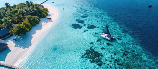 Aufkleber - Luxury island landscape in Maldives Sail boat blue sea water horizon reef water villas Tropical beach amazing aerial seascape view from drone Beautiful nature people snorkel excursion recreatio