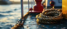 Mooring Rope And Winch On The Deck Of A Commercial Ship Mechanical Device Equipment For Ship Mooring In Port. With Copy Space Image. Place For Adding Text Or Design