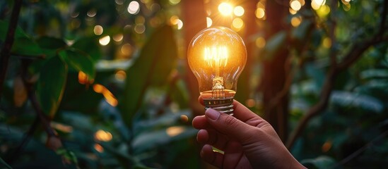 Aufkleber - Hand holding light bulb on tropical nature background Ecology and Environment concept Energy of natural gas sustainable energy sources. with copy space image. Place for adding text or design