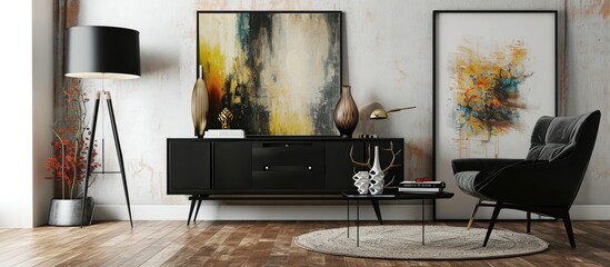 Poster - Interior design of modern living room with black stylish commode mock up art paintings lamp book decorations and elegant accessories in home decor Template. with copy space image