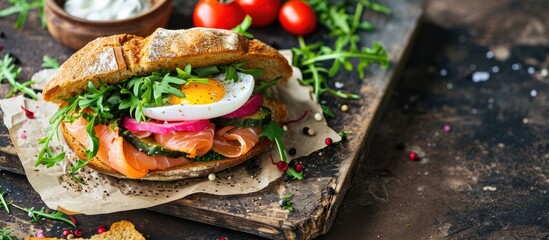 Aufkleber - Healthy open salmon sandwich with cream cheese soft egg veggies and greens Delicious protein fish sandwich for breakfast or brunch top view copy space. with copy space image