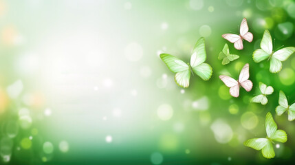 Green spring background with butterflies, bokeh lights and space for text