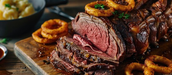 Poster - Modern style barbecue dry aged sliced roast beef with fried onion rings and mashed potatoes as closeup on a plate. with copy space image. Place for adding text or design