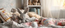 Interior Nursery Design Stuffed Animals Gray Rabbit And Ball Kids Bedroom Residence Decoration Quilt. With Copy Space Image. Place For Adding Text Or Design