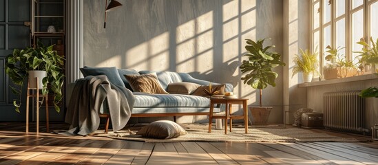 Poster - Living room interior with armchair pouf and chunky knit blanket. with copy space image. Place for adding text or design