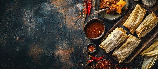 Poster - Mexican Tamale tamales of corn leaves with chili and sauces. with copy space image. Place for adding text or design