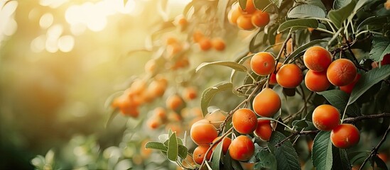 Poster - Japanese apricot fruit Young fruits of Ume on the tree. with copy space image. Place for adding text or design